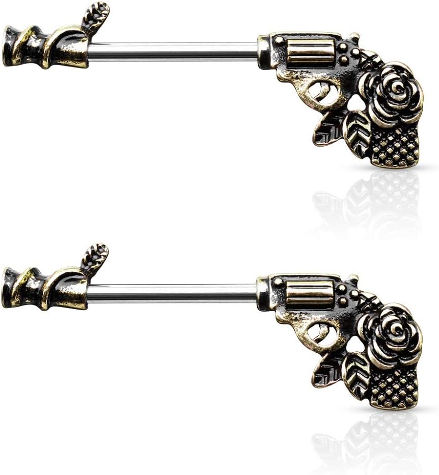 Pierced Owl - 14G Stainless Steel Rose Pistol Gun Nipple Barbells