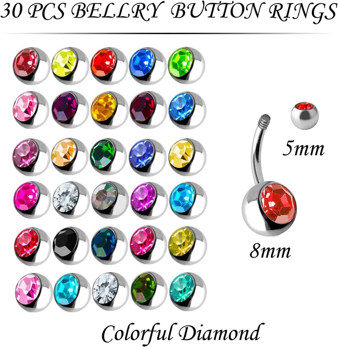 Belly Rings for Women (3 boxes 30 pcs colorful rings)